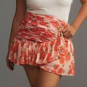 Maeve Anthropologie Women's Ruffled Linen Wrap Mini Skirt in Pink Rose Combo